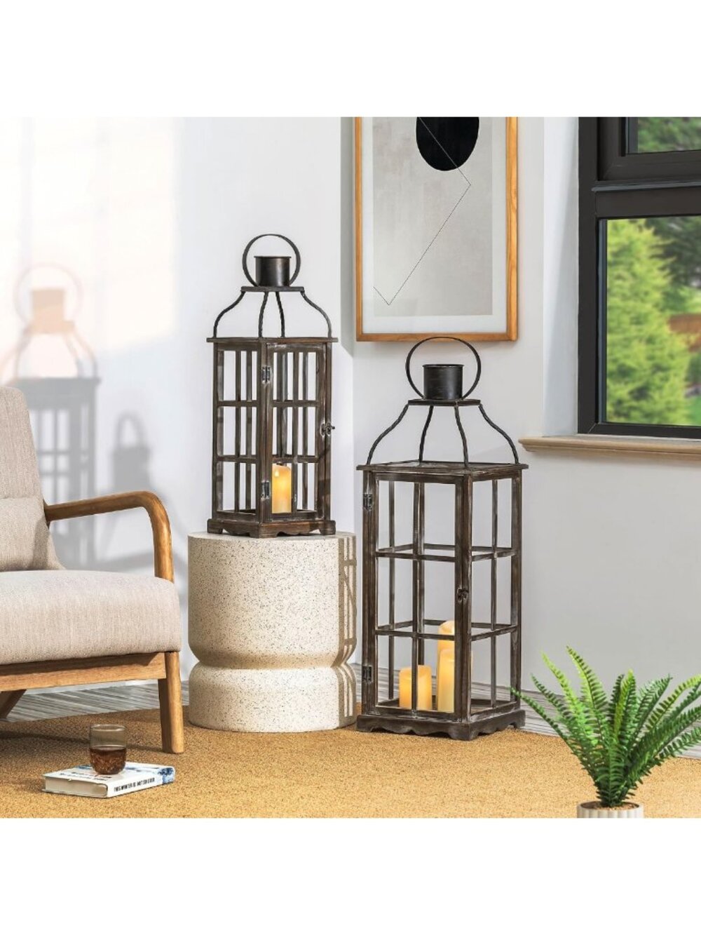 Set of 2 Vintage Wooden Candle Lanterns - Farmhouse Decor for Porch, Patio